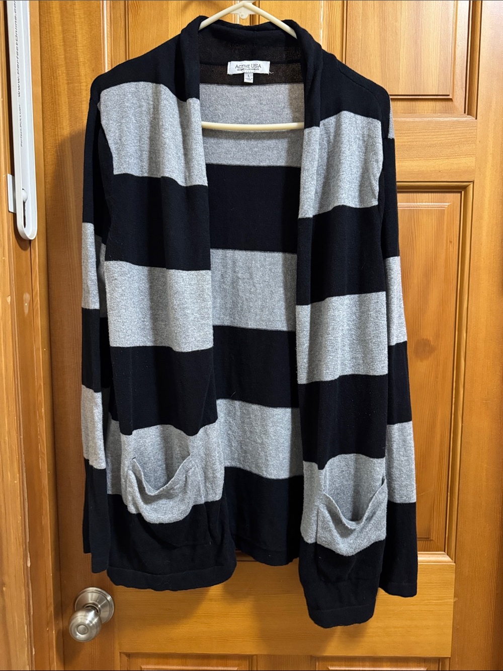 Active USA Black and Gray Wide-Stripe Open Cardigan
